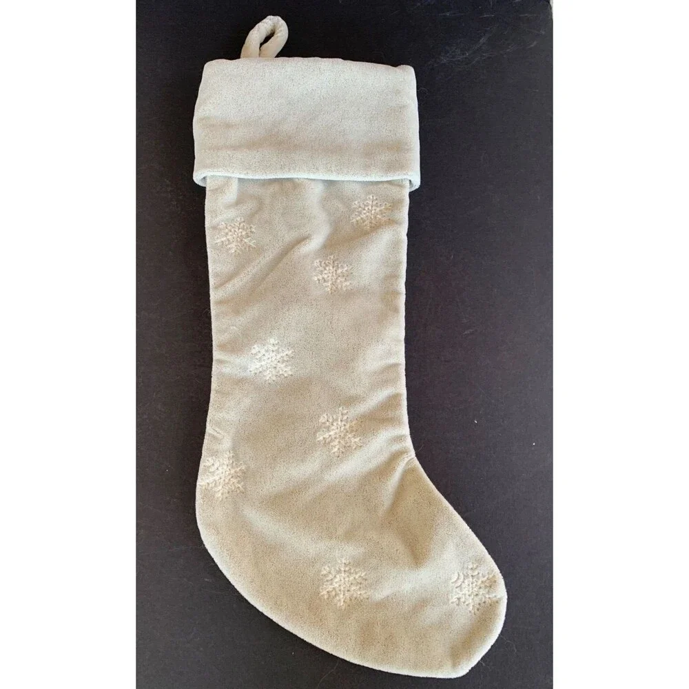 NEW Crate and Barrel Ivory Faux Mohair Velveteen Stocking 21” Snowflake Neutral